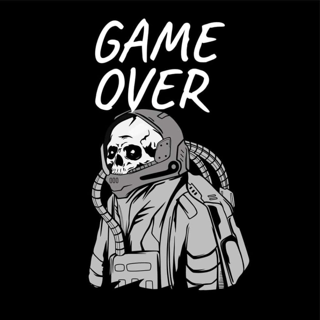 Dark Game Over wallpaper featuring surreal skeleton astronaut in grey on black minimalist style