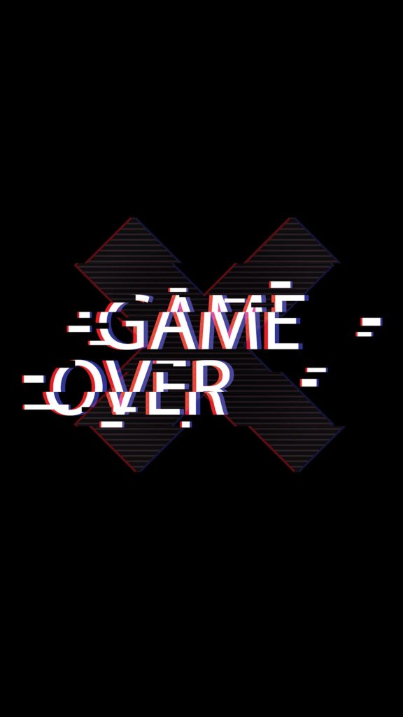 Dark game over wallpaper with white glitch typography and red blue effects on black background