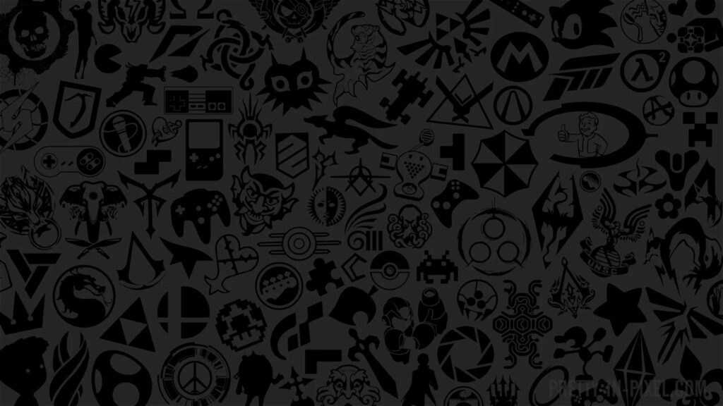 The Ultimate Gamer Logo Collection: Dark Gray Wallpaper with an Array of Iconic Logos and Symbols