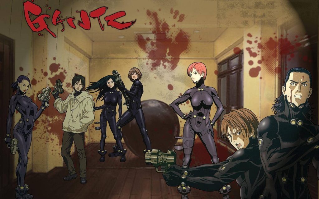 Dark Gantz anime wallpaper with squad in black suits and futuristic weapons in grimy room