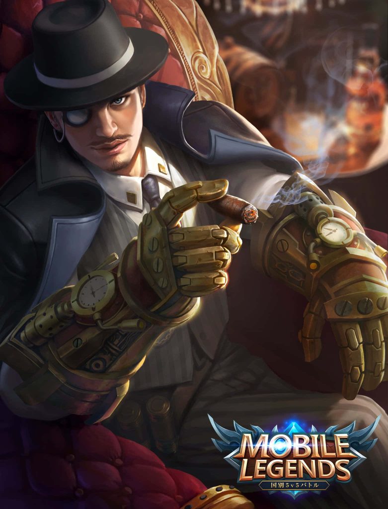 Roger Dark Gent Mobile Legends skin digital art sharp suit steampunk gauntlets smoking cigar Wallpaper