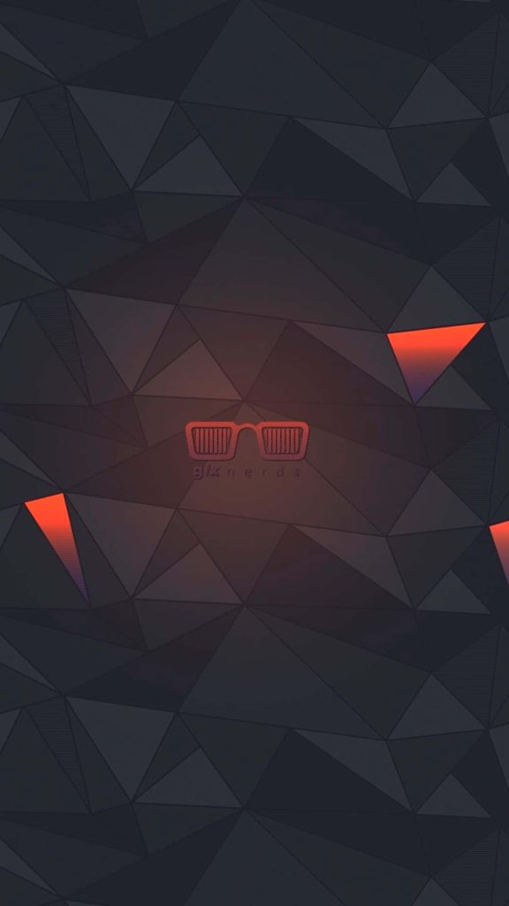 Dark abstract geometric low poly background with glowing orange spectacle icon and gfx nerds logo Wallpaper