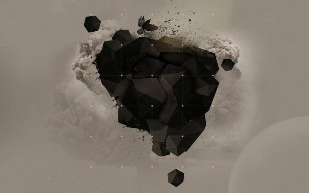Dark Geometric Wallpaper: Exploding Shape with Glowing Points & Bird