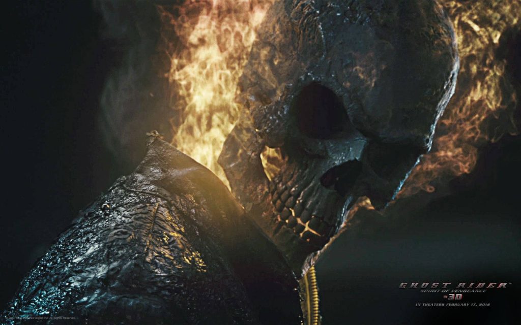 Ghost Rider Spirit of Vengeance dark flaming skull close-up fiery cinematic wallpaper background
