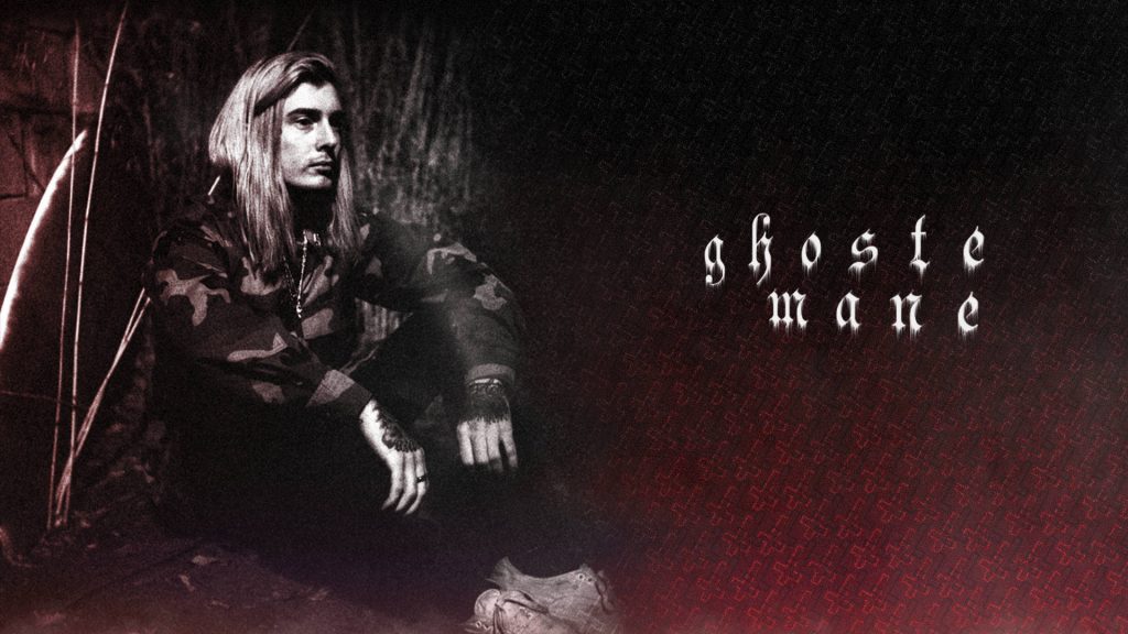 Ghostemane dark moody wallpaper with gothic typography deep red black cross pattern background