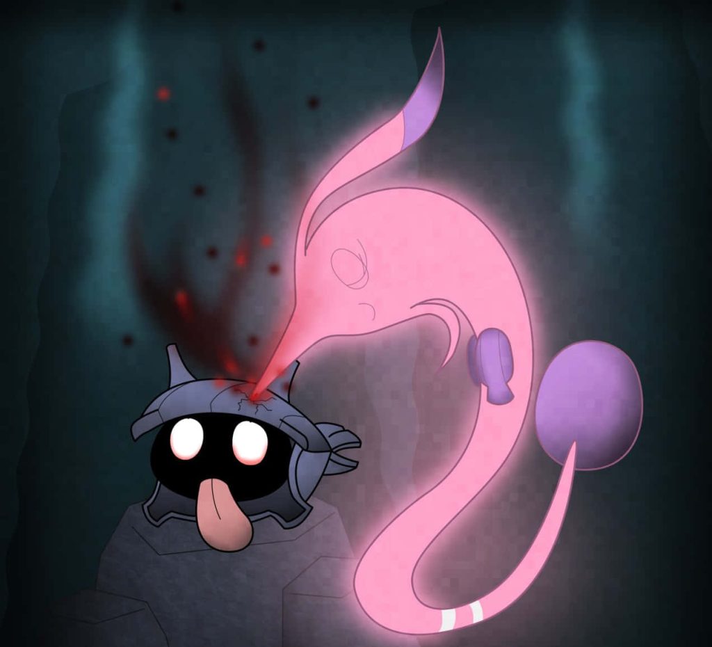 Dark Pokémon Gorebyss feeding on Shellder deep sea wallpaper with red and blue lighting