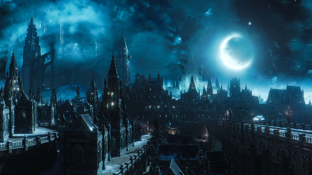 Enchanting Gothic City Wallpaper: Dark 4K Background with Half-Moon Glow