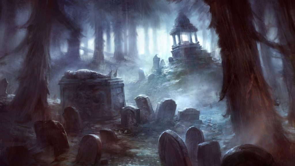 Dark gothic graveyard with weathered sarcophagus and glowing mausoleum in foggy forest Wallpaper