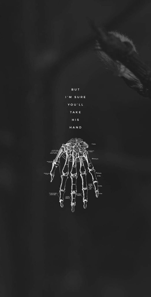 Dark minimalist skeleton hand wallpaper with Gothic Fed Up lyrics for mobile devices background