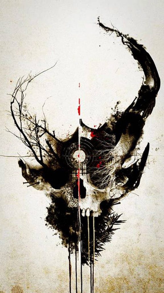 Dark gothic skull with devil horn ink-wash art split by red line surreal fantasy wallpaper