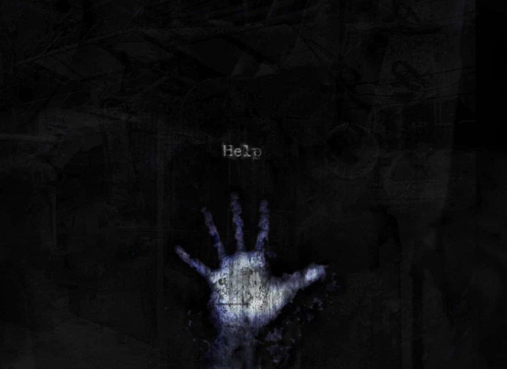 Dark gothic wallpaper with spectral hand and Help text in eerie shadows for horror fans