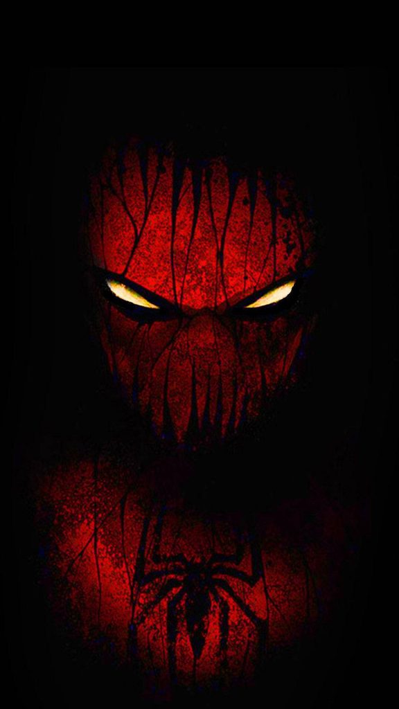 Dark gritty Spider-Man digital art with textured red mask glowing eyes and spider emblem wallpaper