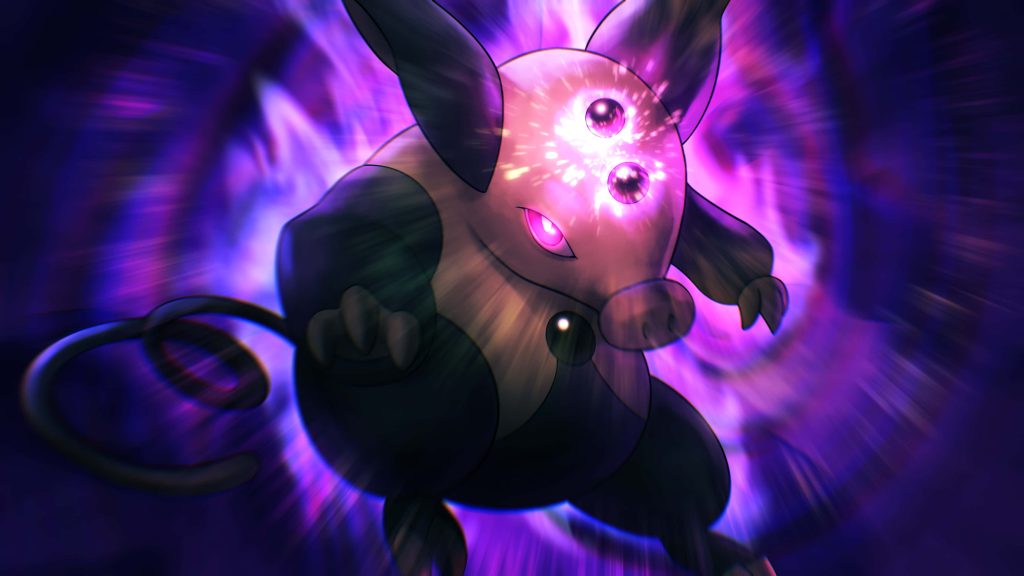 Dark Grumpig Pokémon wallpaper with glowing pearls and swirling purple psychic energy vortex background