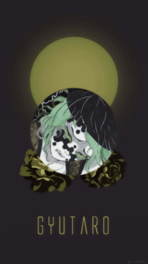 Gyutaro Demon Slayer wallpaper dark aesthetic green hair moody roses glowing moon background