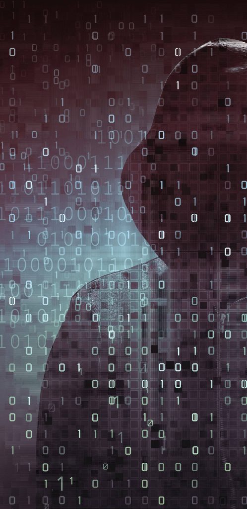Dark mobile wallpaper with hooded hacker silhouette and glitchy binary code in red cyan tones
