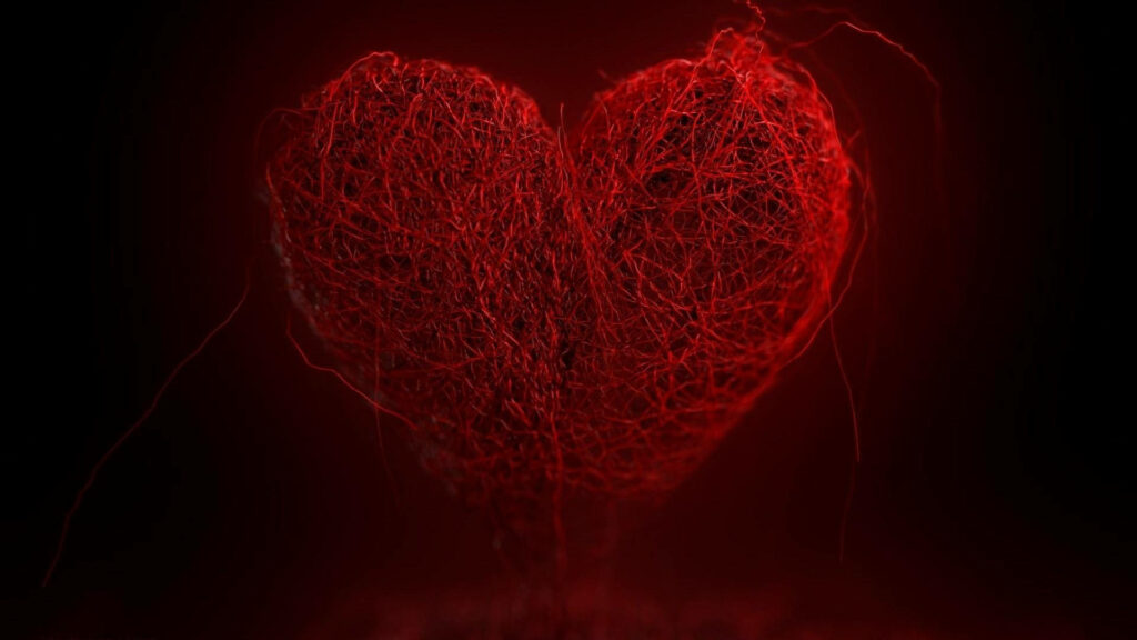 Tangled Desires: An Intricate Dark Heart Woven with Crimson Thread Wallpaper