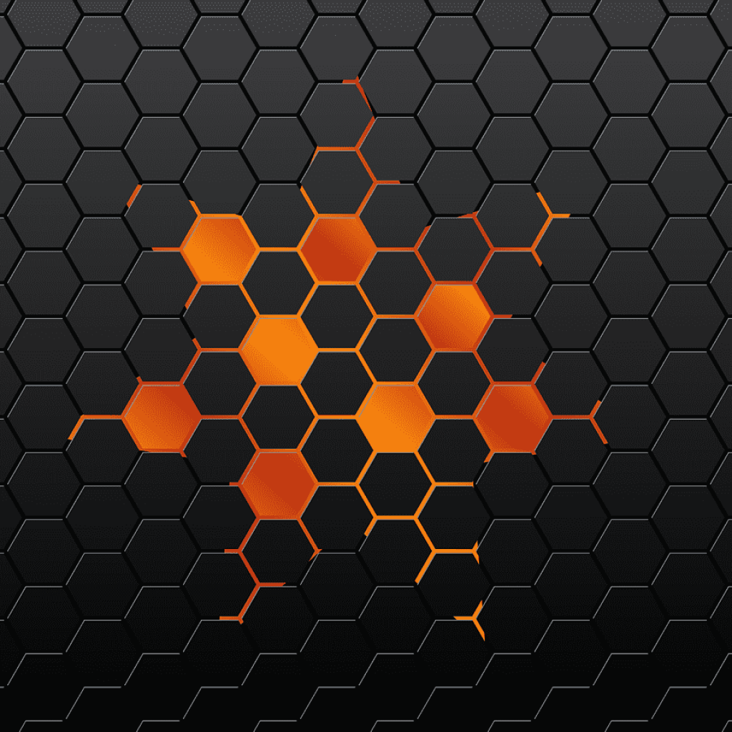 Abstract dark hexagonal pattern with glowing orange hexagons futuristic 3D digital wallpaper