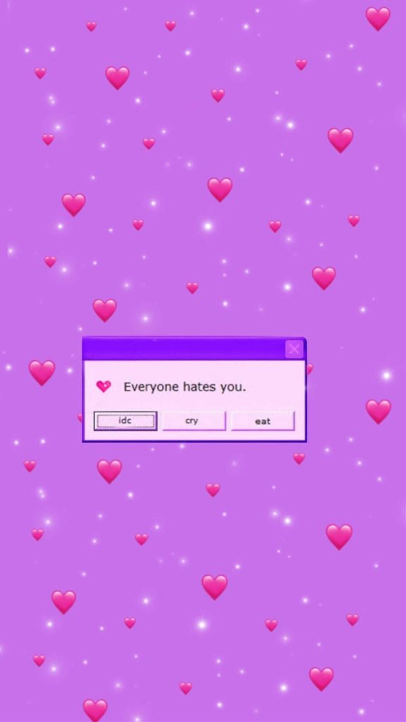 Cute purple Y2K wallpaper with shimmering lilac gradient pink hearts and sarcastic popup box