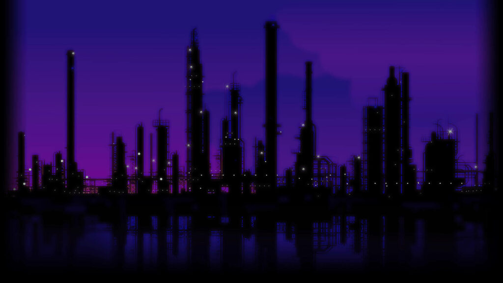 Dark Industrial Cityscape Wallpaper: Purple Sky Reflection Background
