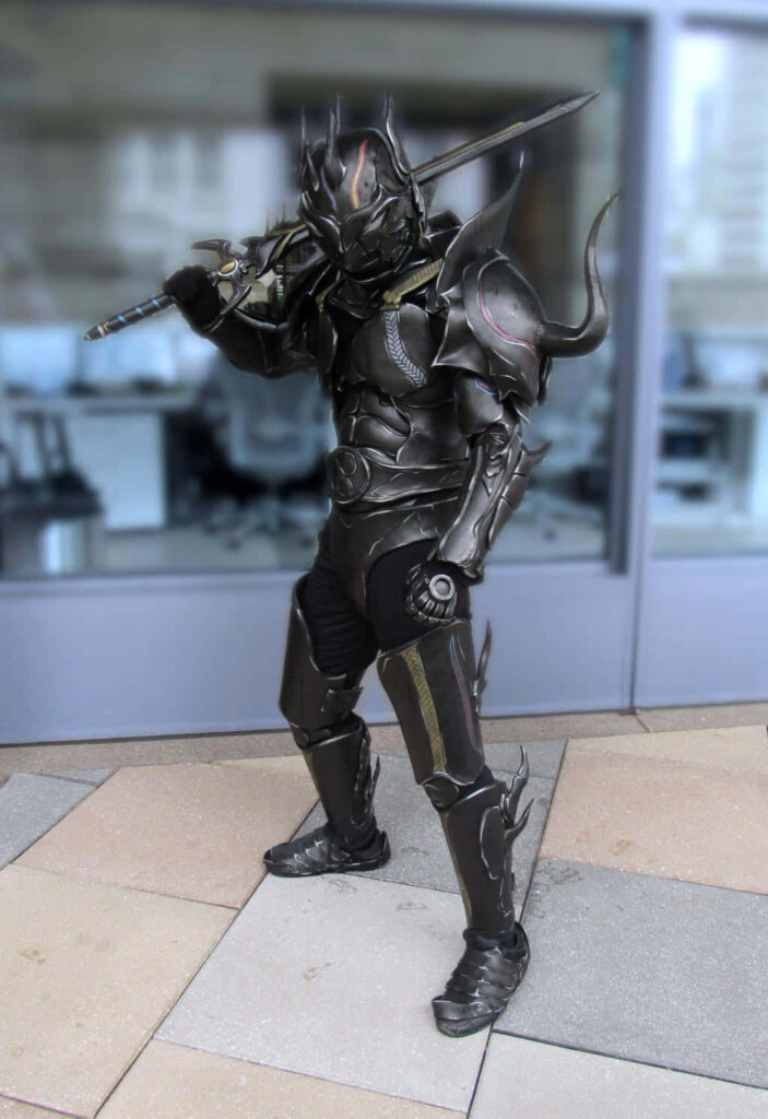 Cecil Harvey cosplay as Dark Knight in detailed black armor wielding a large sword background Wallpaper