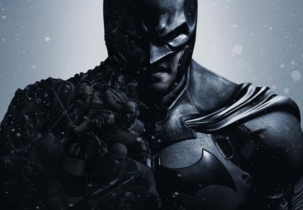 The Brooding Icon: A High Resolution Gaming Background featuring Dark Knight's Batman donning a Badass Black Leather Costume Wallpaper
