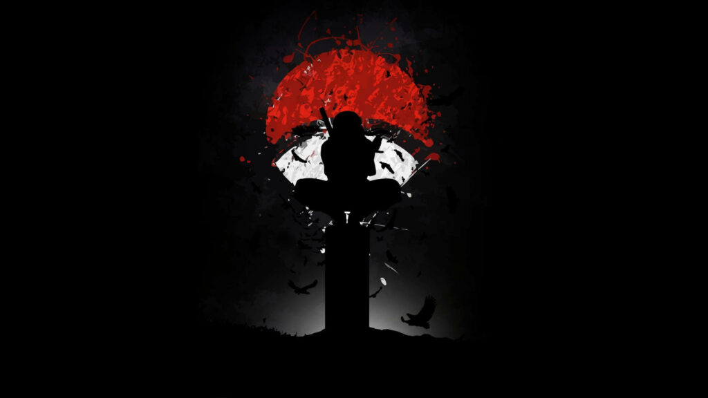 Shadowed Legacy: Itachi's Enigmatic Presence amidst Uchiha Clan Emblem and Flock of Crows Wallpaper
