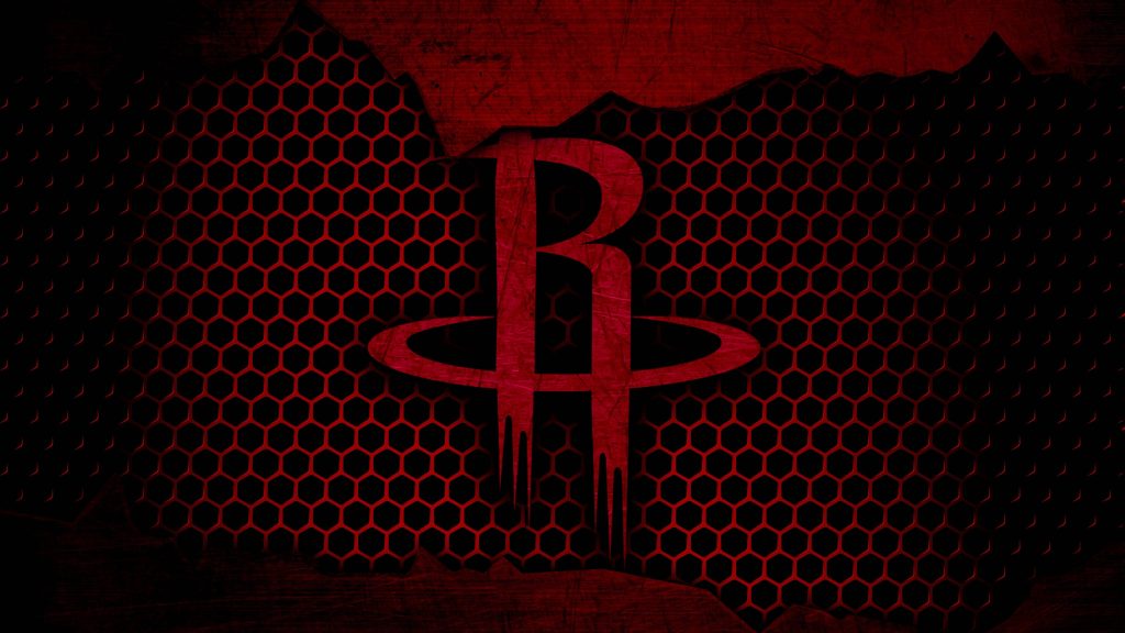 Dark metallic Houston Rockets wallpaper with NBA logo on red black hexagonal honeycomb background