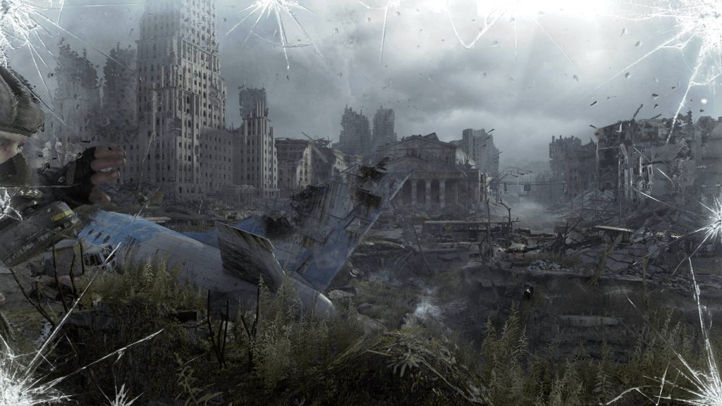 Post-apocalyptic Metro Exodus wallpaper with gas mask survivor and crashed plane ruins background