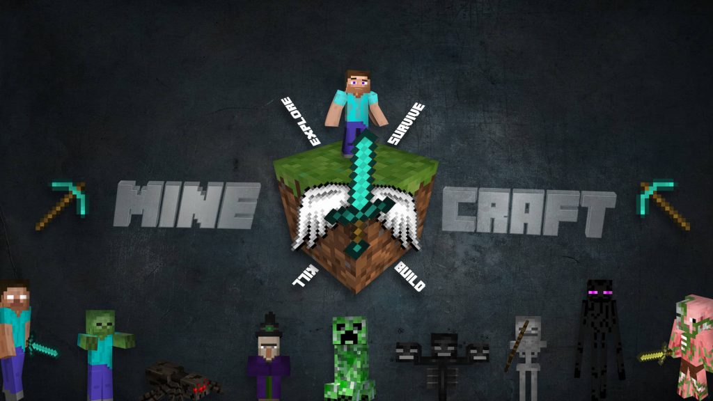 Dark Minecraft wallpaper with Steve, winged diamond sword, Herobrine, Creeper, Enderman, Zombie Pigman