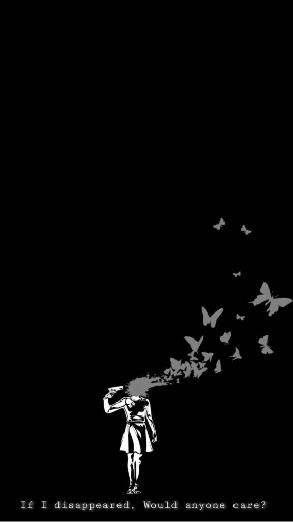 Minimalist dark wallpaper white silhouette with gun and butterflies black background sad mood