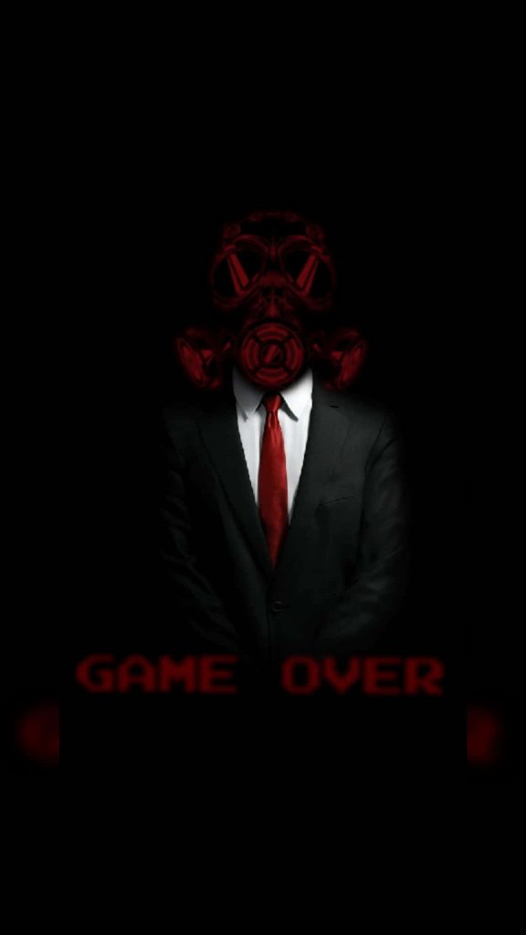 Minimalist dark wallpaper with figure in black suit red gas mask and bold game over text background