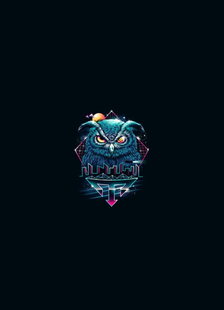 Dark retro owl wallpaper with glowing eyes neon synthwave geometric triangles grid background