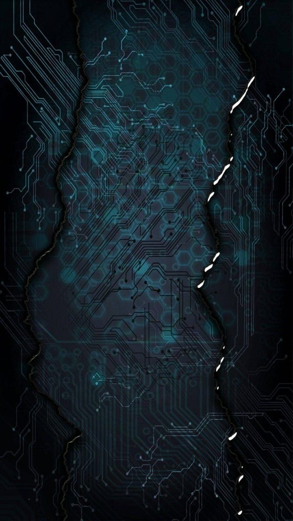 Dark mode mobile wallpaper with glowing blue circuit board and hexagonal tech design background