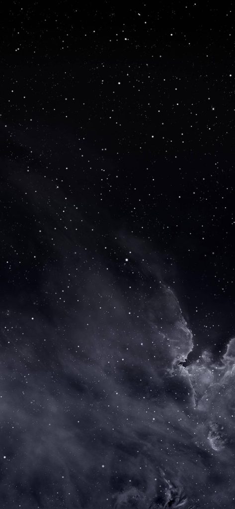Minimalist dark mode space wallpaper with starry night sky and swirling cosmic clouds background