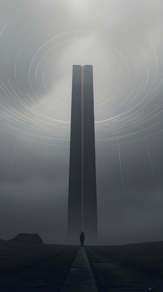 4K digital art dark monolith with celestial rings and lone silhouette in foggy sci-fi landscape wallpaper
