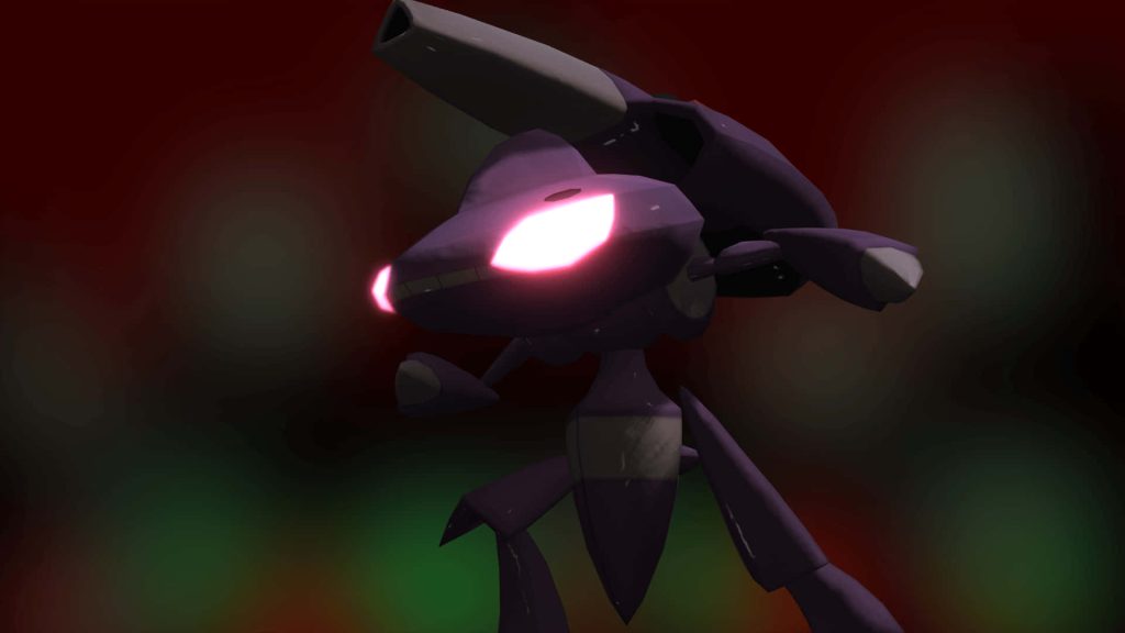 Dark moody 3D Genesect Pokémon wallpaper with purple armor glowing eyes and back cannon