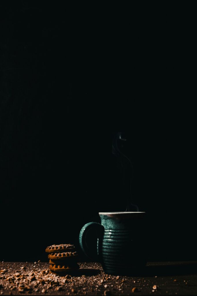 Dark Moody Wallpaper: Rustic Cup, Steam, Cookies & Crumbs