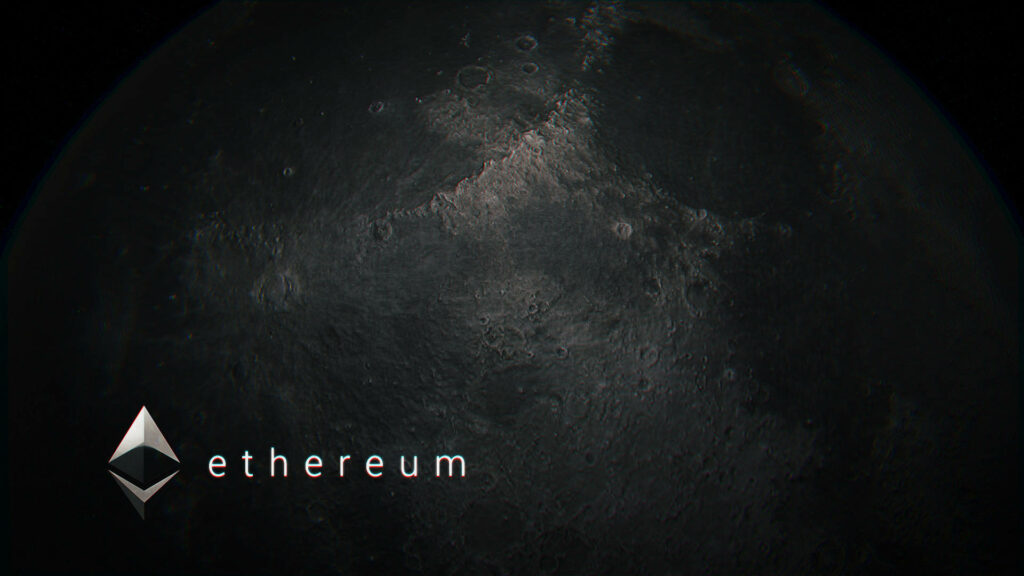 High-resolution moon surface wallpaper with Ethereum logo in dark futuristic digital finance style