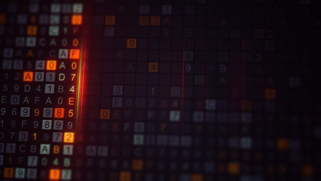 Intense Dark Digital Grid Wallpaper with Glowing Red & Orange Elements