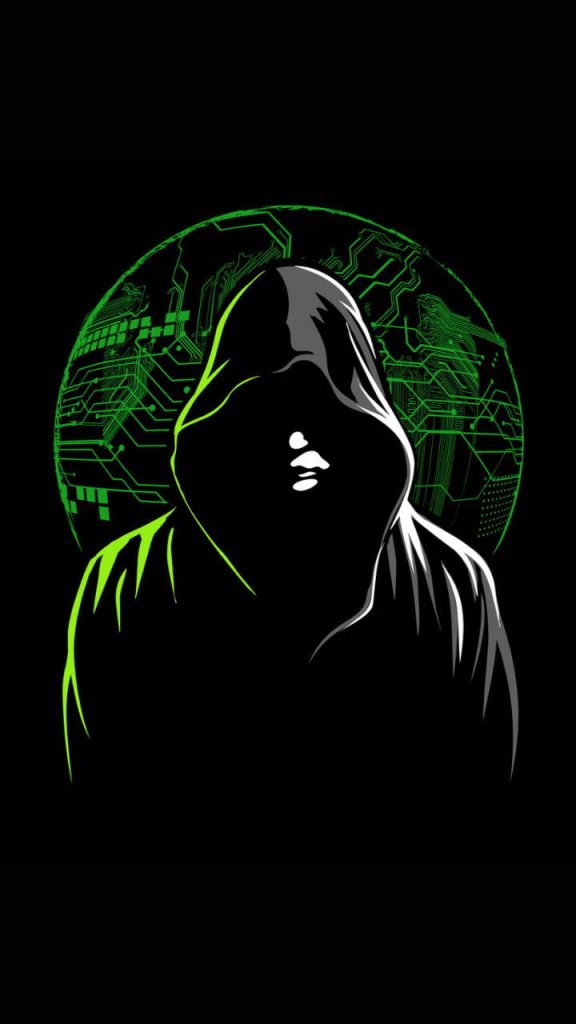 Dark neon green hacker wallpaper with hooded figure and glowing cyberpunk circuit board background