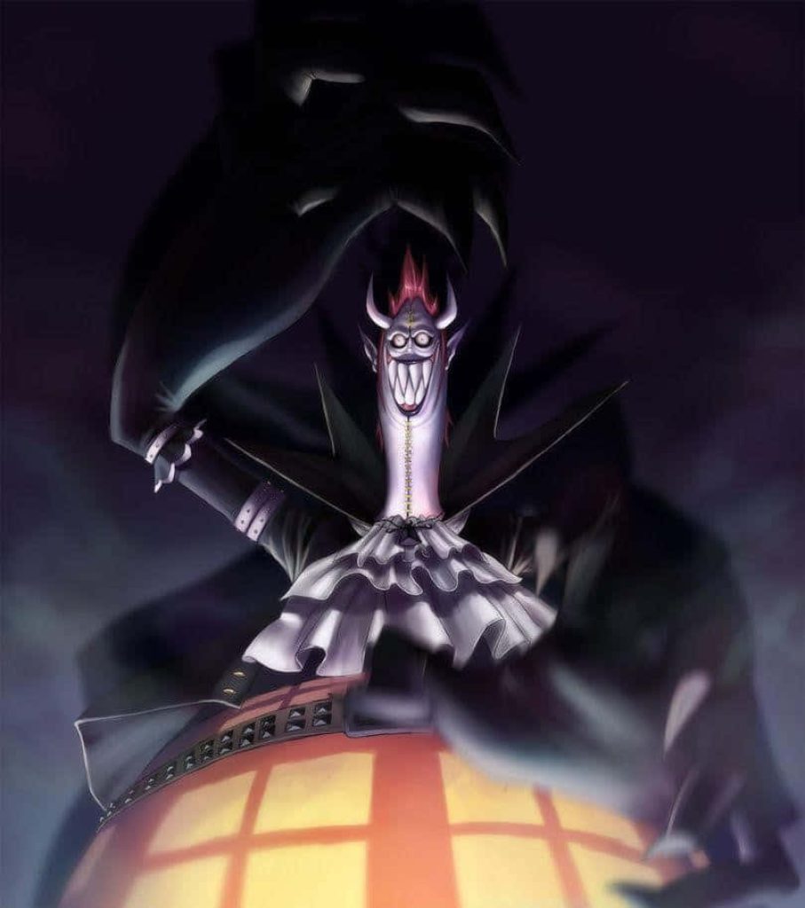 Dark One Piece Gecko Moria wallpaper with ominous grin and yellow lighting on shadowed background