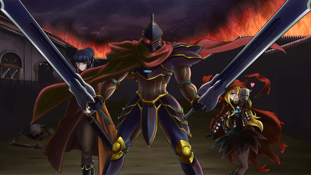 Menacing Dark Overlord Wallpaper with Enigmatic Allies & Fiery Backdrop