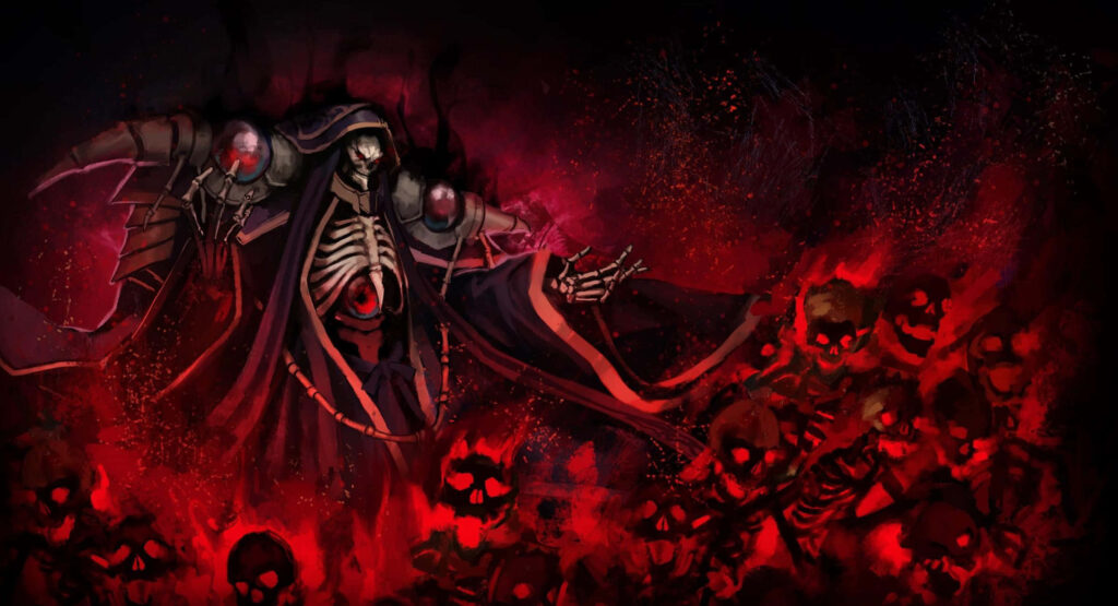 Dark Overlord Wallpaper: Fiery Scene with Skulls & Mystic Glow
