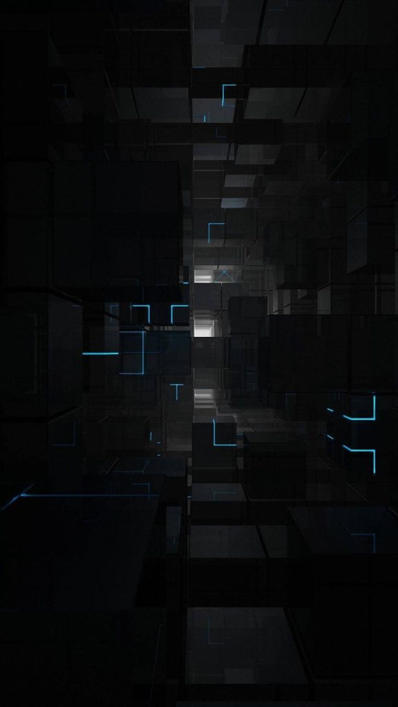 Dark Phone Wallpaper geometric 3D cubes tunnel with glowing blue neon lines futuristic design