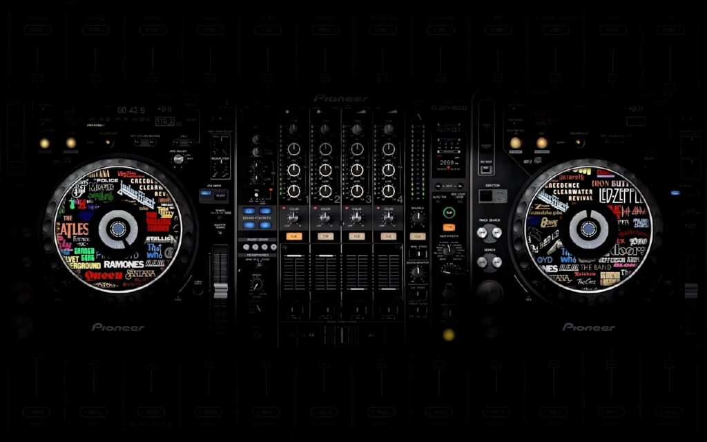 Dark DJ Pioneer controller wallpaper with turntables featuring Beatles and Led Zeppelin logos