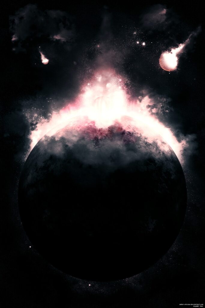 Cosmic Wallpaper: Dark Planet with Fiery Burst & Streaking Meteorites