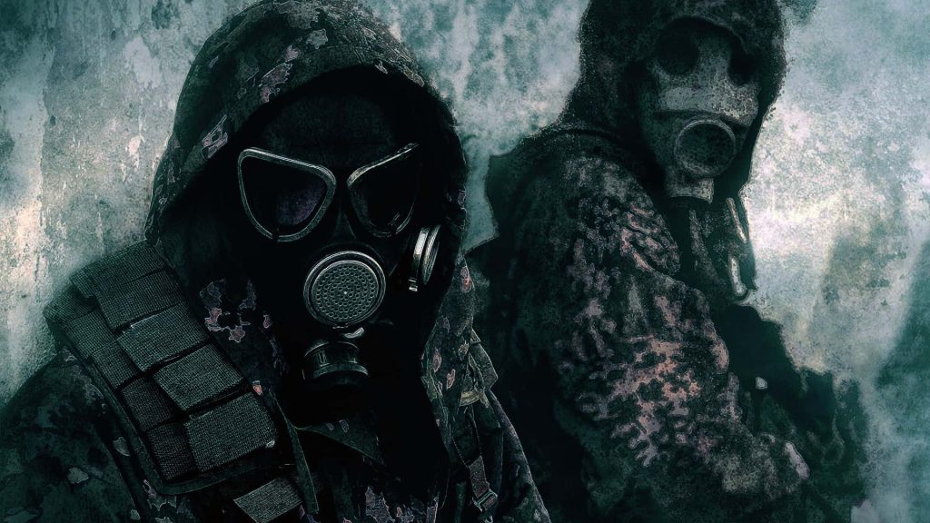 Dark post-apocalyptic digital art of two soldiers in tactical gear and gas masks desktop wallpaper