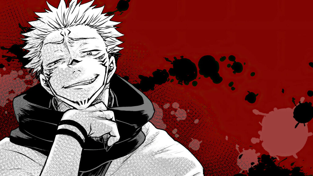 Fiery Encounter: Sukuna from Jujutsu Kaisen Unleashed in Striking Black and Red Digital Art, Enhanced with Stain Effects on a Vibrant Background Wallpaper