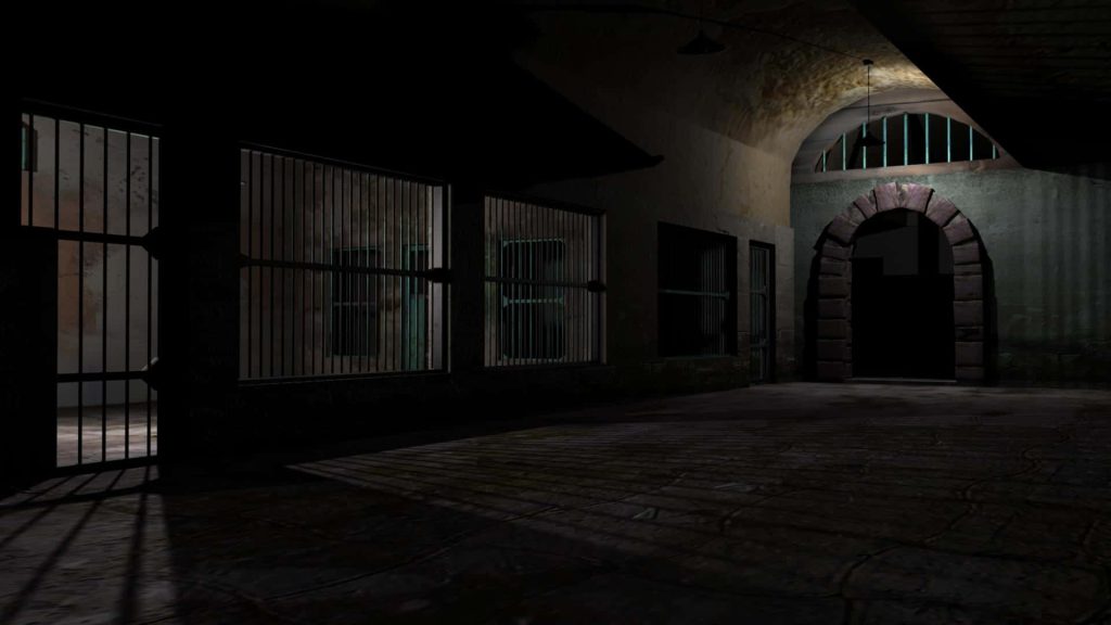 Dark prison hallway wallpaper with iron bars stone archway and ominous shadows for jail theme