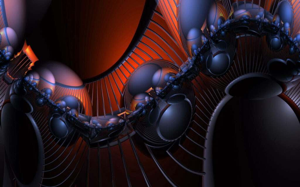 Glossy dark purple spheres with metallic lines on vibrant orange futuristic 3D abstract wallpaper